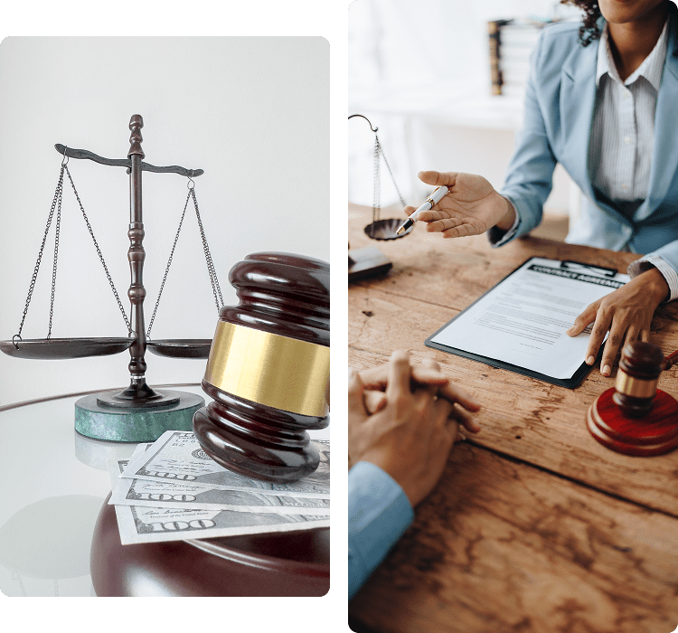 A set of legal scales, a gavel, and cash on a table; beside it, two people discuss documents at a desk with a gavel visible.