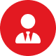 White icon of a person in a suit and tie centered on a solid red circular background.
