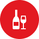 White icon of a wine bottle and a wine glass on a red circular background.