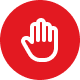 A white hand icon on a red circular background, representing a stop or do not touch warning.
