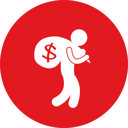 White stick figure carrying a large bag with a dollar sign, set against a red circular background.